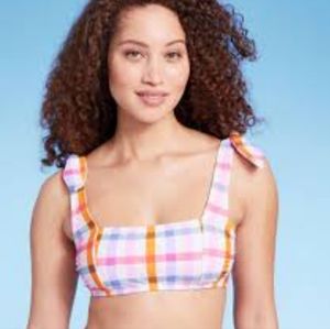 KONA SOL WOMEN'S PLAID SHOULDER TIE BIKINI TOP. NWT/ MEDIUM AND LARGE